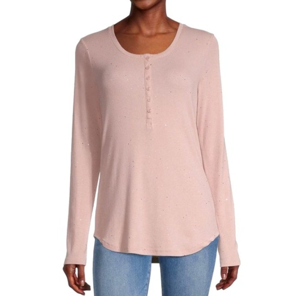 NWT ANA rose pink ribbed henley glittery shirt sz Petite Medium PM